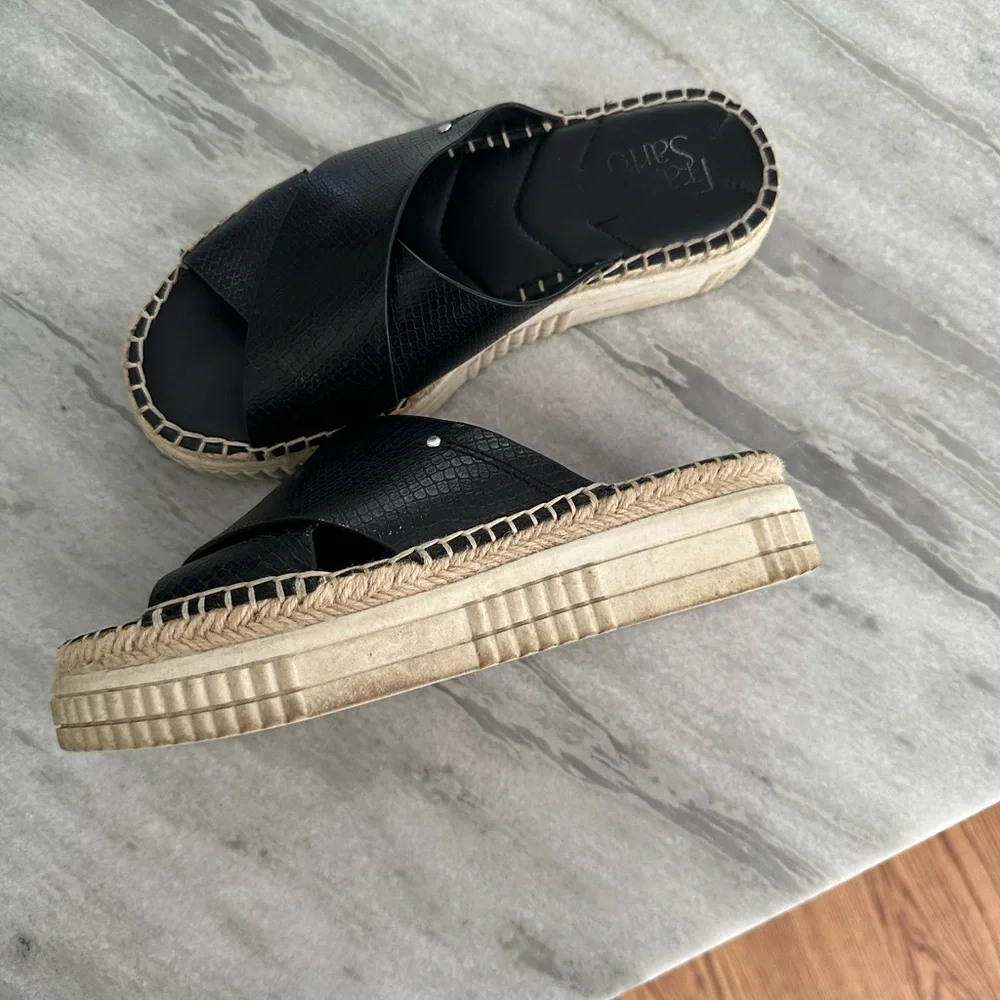 Franco Sarto Black Leather Espadrille Slides - Size 7